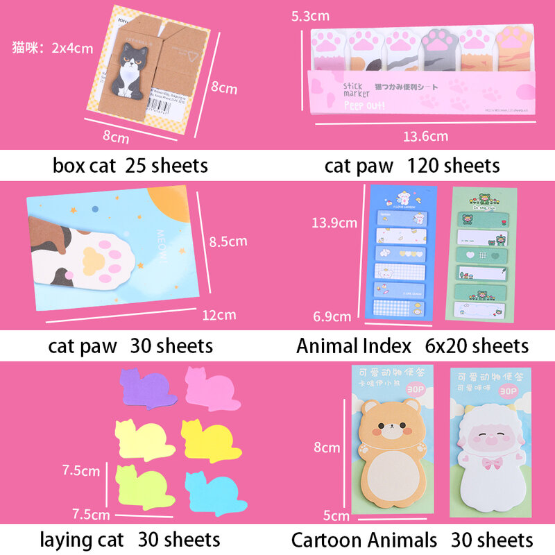 韓国のボックス猫の足の付箋タブ、かわいいカワイイミニメモパッド、ポストノートパッド、インデックスブックマーク、女の子のための文房具学用品