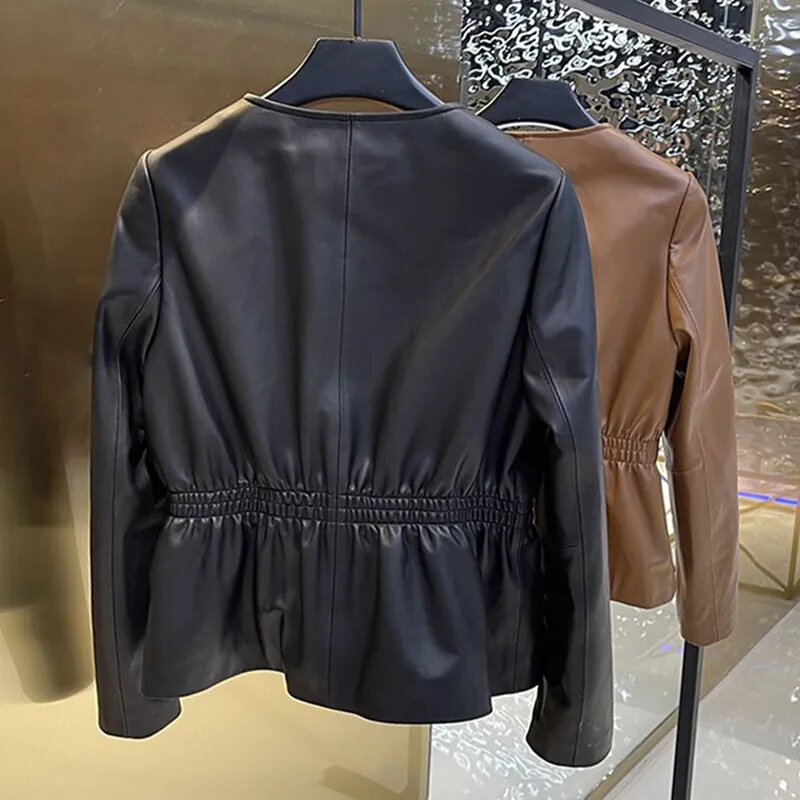 Демисезонная куртка из искусственной кожи с круглым вырезом, новинка 2024, черная, коричневая однобортная модная короткая кожаная куртка для женщин