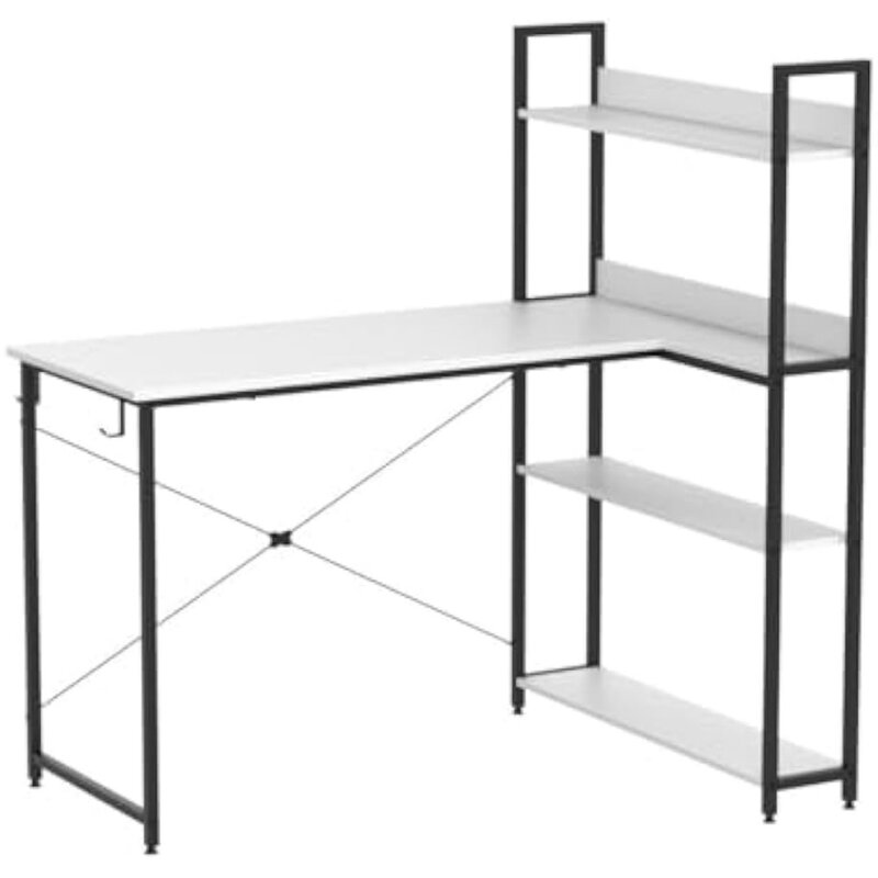 Computer Corner Desk with Storage Shelves, 47 Inch L Shaped Desk with Bookshelf, Home Office Writing Desk with Hooks