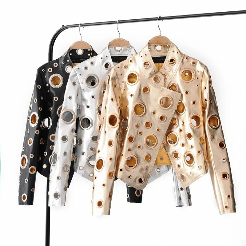 فستان نسائي قصير من الجلد الصناعي ، ببرشام ذهبي ، ملابس أنيقة وأنيقة ، موضة أوروبية وأمريكية ، 2023