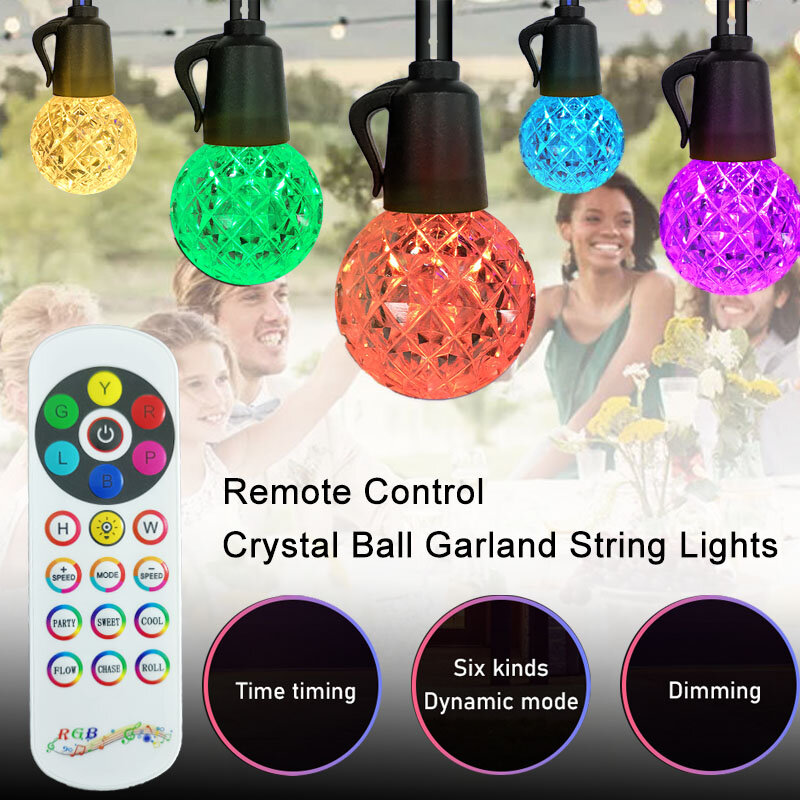 Luzes de fadas impermeáveis com controle remoto para festa em casa, cor mudando bola luzes corda, globo de cristal, guirlanda ao ar livre, 15m