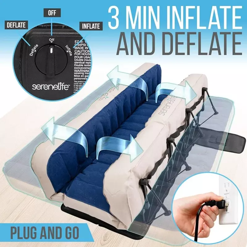 Kasur udara Serenelife Ez Bed, kasur udara dengan bingkai & casing bergulir, kasur udara mengembang sendiri dengan pompa bawaan untuk perjalanan dan hosting, Q