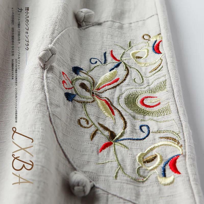Kel-calças compridas de algodão e linho, feminino, estilo casual, com pernas largas, moda de verão retro, bordado zen tea tan