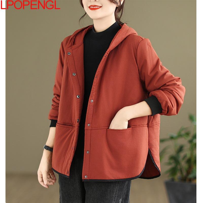 Fashion Vintage Single Breasted Padded Jacket New Women's Versatile Casual Hooded Autumn And Winter Warm Long Sleeves Thick Coat