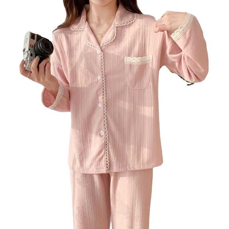 Nuevos pijamas de algodón para mujer, pantalones de manga larga en temporada de primavera y otoño, encaje Simple sólido, se puede usar como traje de casa
