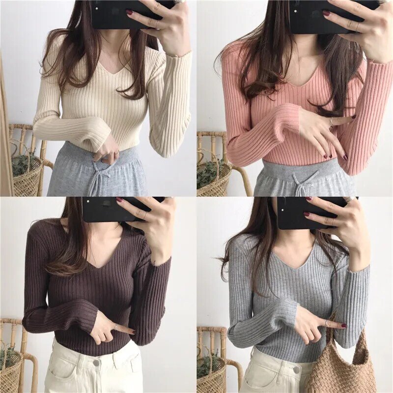 Sweater women's Clothing autumn winter V-neck slim fit pullover top tight fitting long sleeved knit bottom pit stripes Jumpers