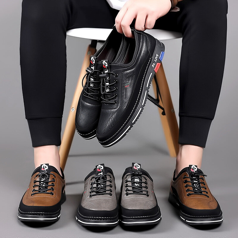 Sapatos casuais de couro genuíno masculino, sapatos macios de borracha antiderrapante, 38 a 48, 2024