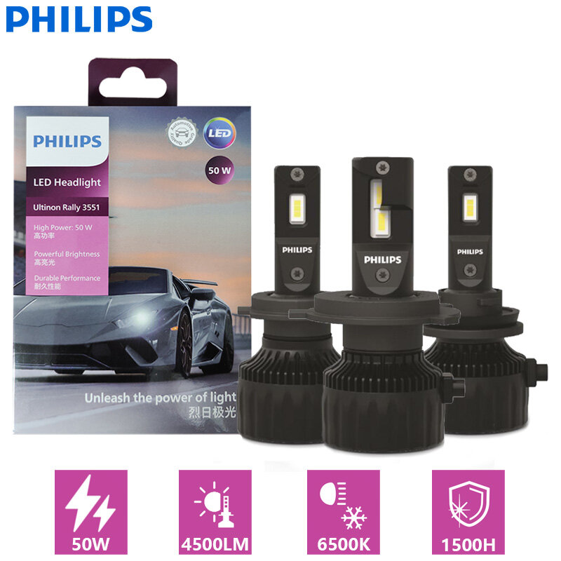 Philips-Ultinon Rally 3551 LED, H4, H7, H11, HB3, HB4, HIInter, Max Power, 50W, 4500LM, Lumière de sauna de voiture, 6500K, Blanc Max Lumen Watt, Ampoules 2X