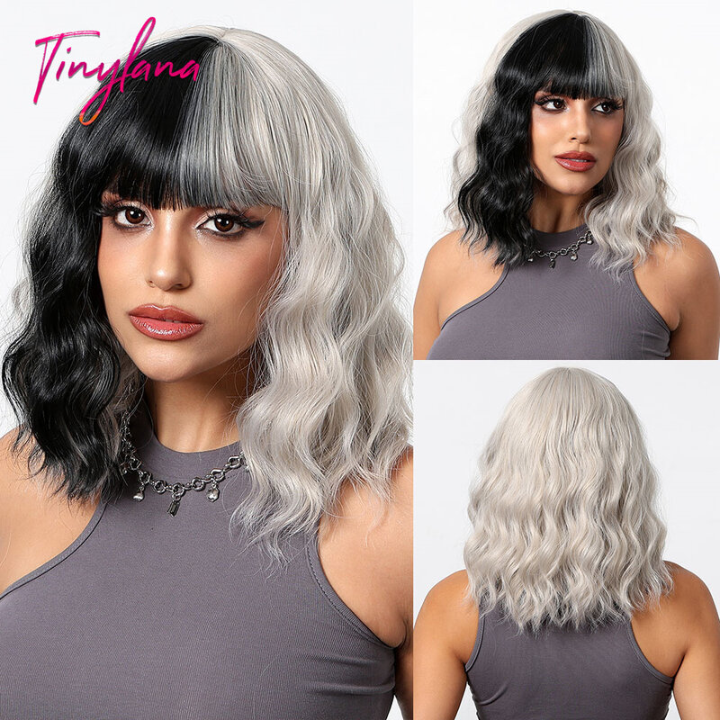 Bob Black Gray Blonde Wavy Wigs with Bangs Short Two Tone Cosplay Wig for Women Halloween DaiIy Natural Heat Resistant Fake Hair