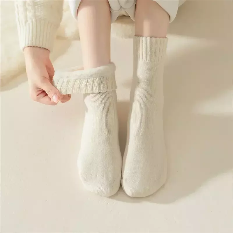 Meias grossas de lã de pelúcia para mulheres, meias pós-parto, meias de lã quente, peludas e macias, cor markron, outono e inverno, 3 pares