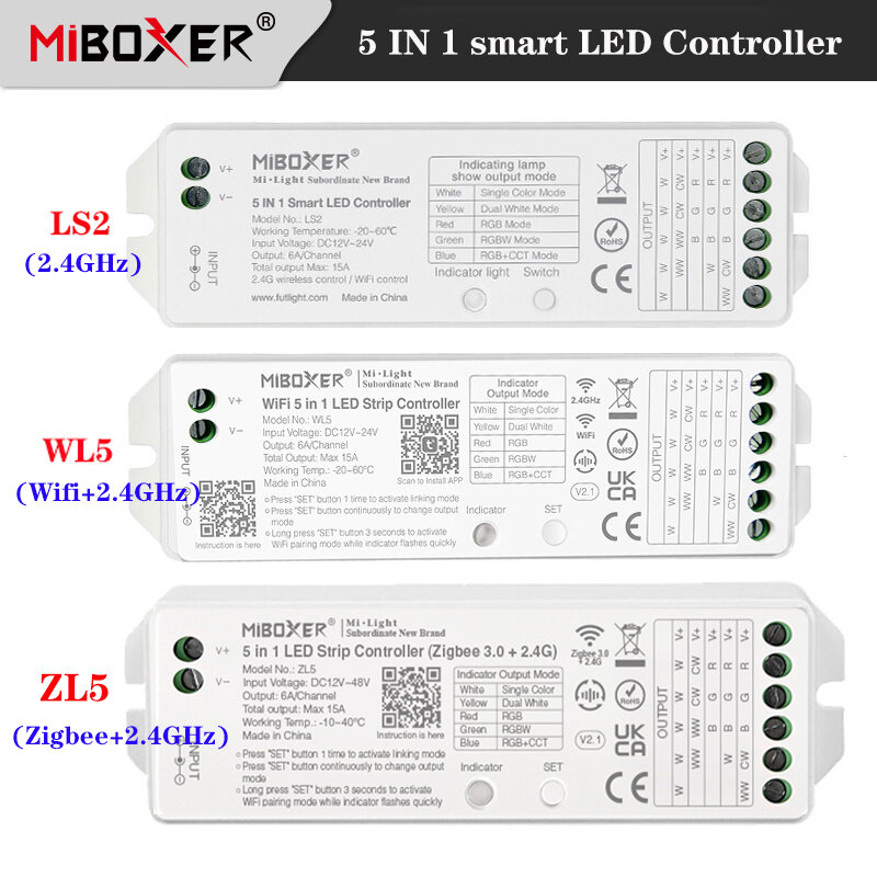 Miboxer 5 In 1 Led Controller Ls2 2.4G/Zl5 Zigbee + 2.4G/Wl5 Wifi 2.4G 12-24V Alexa/Google Assistent/Spraakbesturing 15a