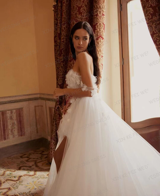 2024 Simple Lace Appliques Wedding Dresses Women's Sexy Off Shoulder A-Line Side Split Princess Bridal Gowns Vestidos De Novia