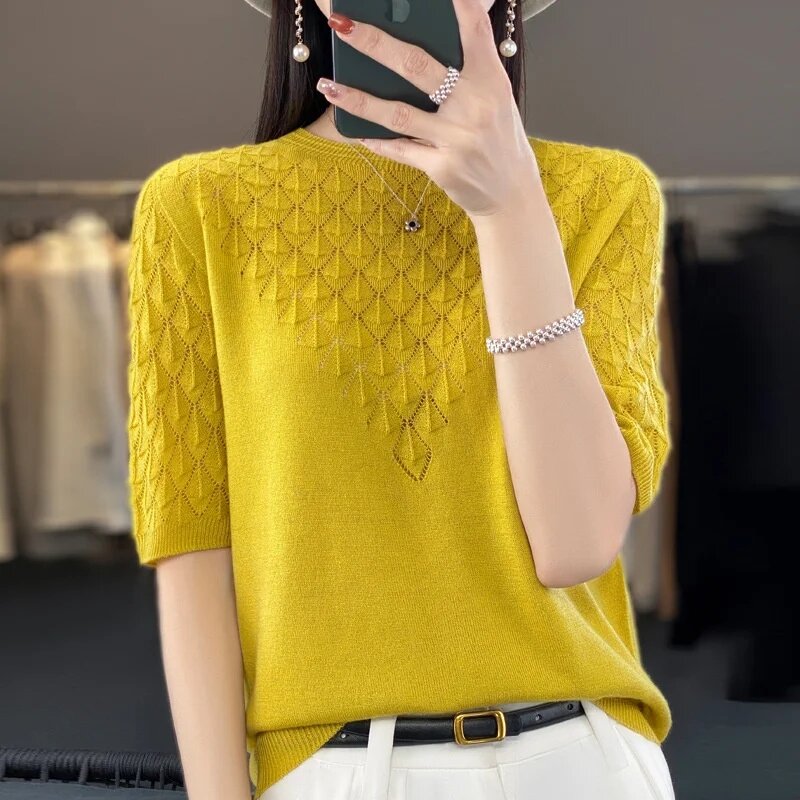 Summer Hollow Ice Silk knitted Short Sleeved T-Shirt Women's Thin Loose Round Neck Pullovers Knitted Sweater Female Jumper Top