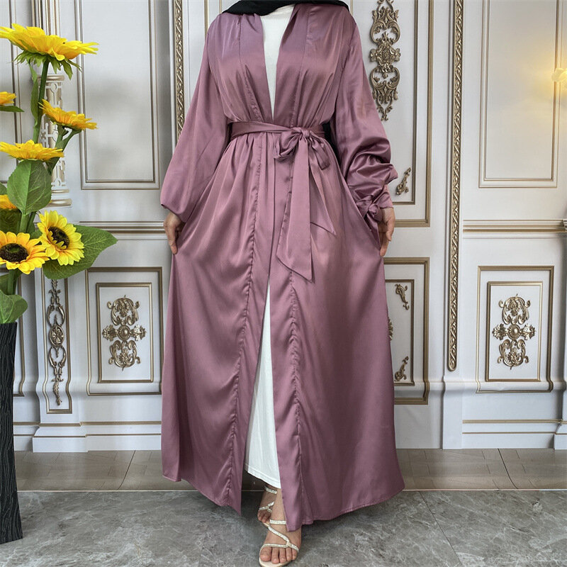 Wepbel muzułmanin otwierana Abaya Cardigan kobiety islamska odzież cienka satynowa krawat latarnia mankiet sweter Kaftan z długim rękawem Ramadan Robe