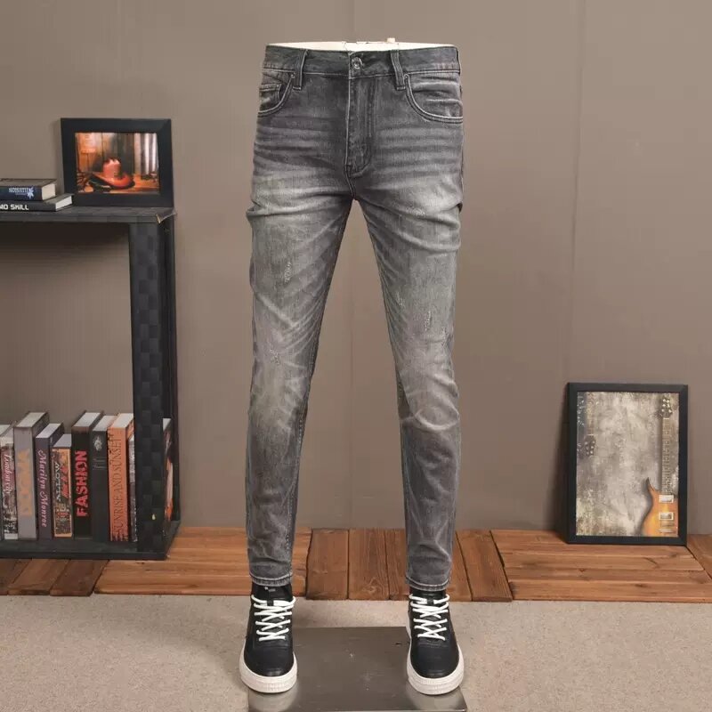 Włoski styl modne dżinsy męskie wysokiej jakości Retro szary elastyczny Slim Fit porwane jeansy męskie Vintage Designer spodnie dżinsowe Hombre