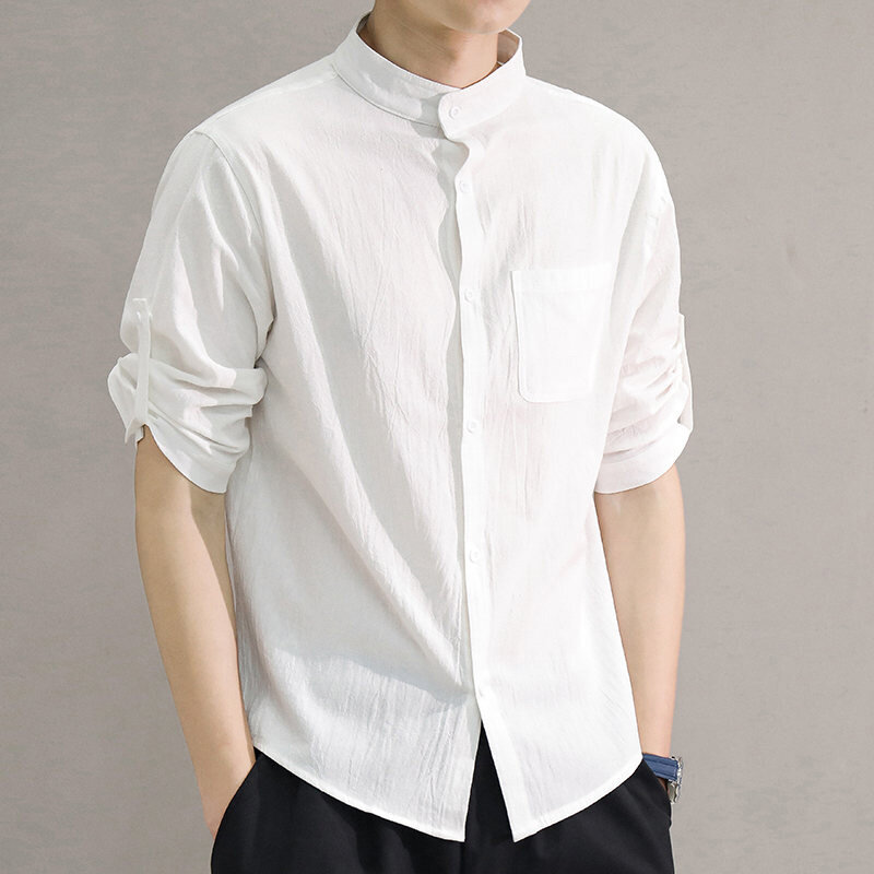 Camisa de manga corta con cuello levantado para hombre, camisa de manga media de cinco puntos, a la moda, talla grande, primavera y verano