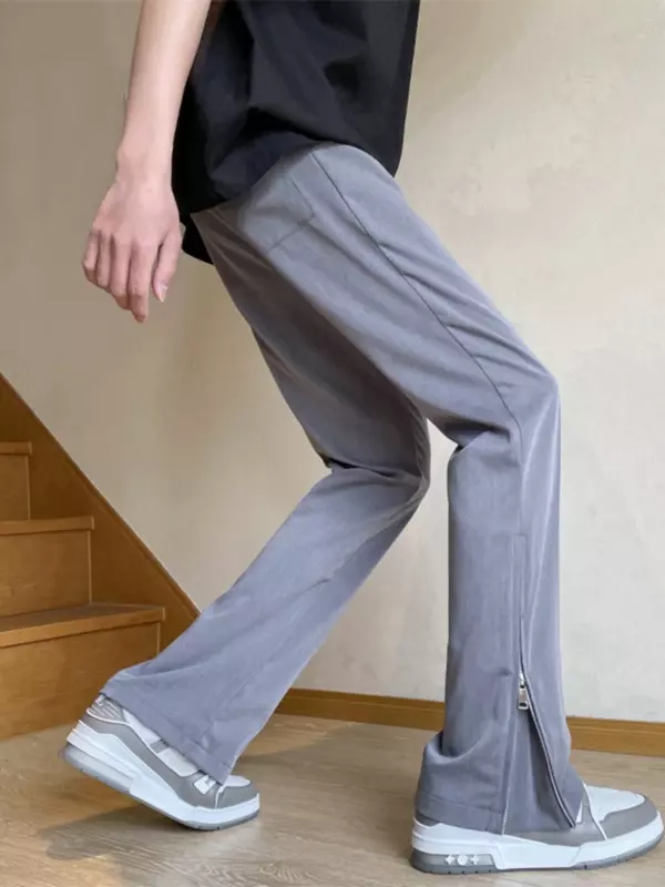 กางเกงลำลองทรงตรงสำหรับผู้ชาย celana setelan ดึงขนาดเล็กมีซิปสีเทา