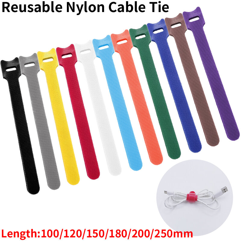 30pcs/100pcs Releasable Cable Ties Plastics Nylon Hook   Loop Wrap Zip Bundle Fastener Straps Detachable T-type Wire Organizer