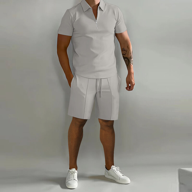 Conjunto de camiseta e shorts de manga curta monocromática masculina, casual, lapela com zíper, roupas esportivas, diário, verão, 2 peças