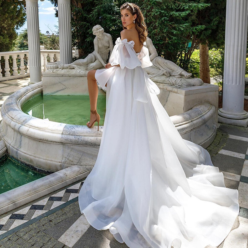 Modern A-Line Beach Wedding Dresses Sweetheart Puff Sleeve Dress Sweep Train High Split Wedding Evening Prom Gowns Custom Size