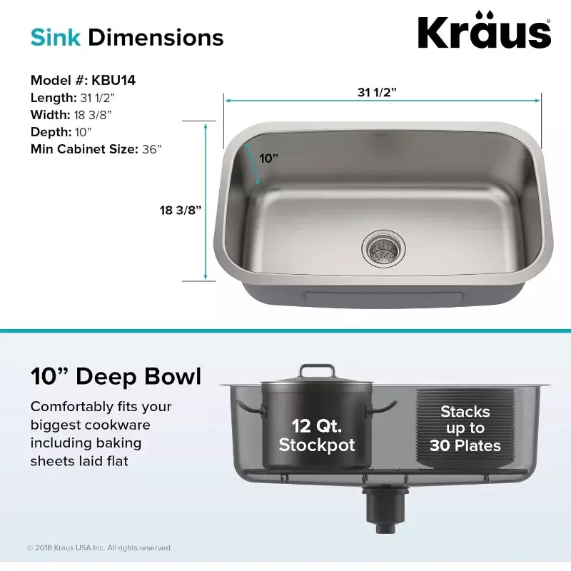 Kraus-ステンレス鋼のキッチンシンク、シングルボウル、アンダーマウント、kb14、16ゲージ、31-1/2インチ