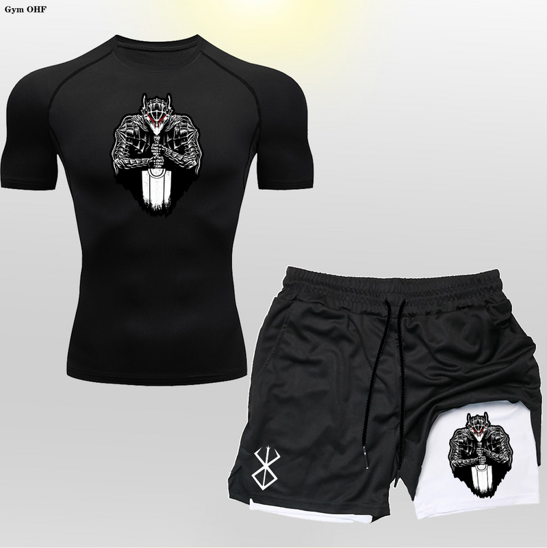 Camisa de compressão masculina de plataforma dupla, 2 em 1, treinamento de ginástica, camiseta apertada, fitness, treino, conjunto de roupas esportivas, jogging