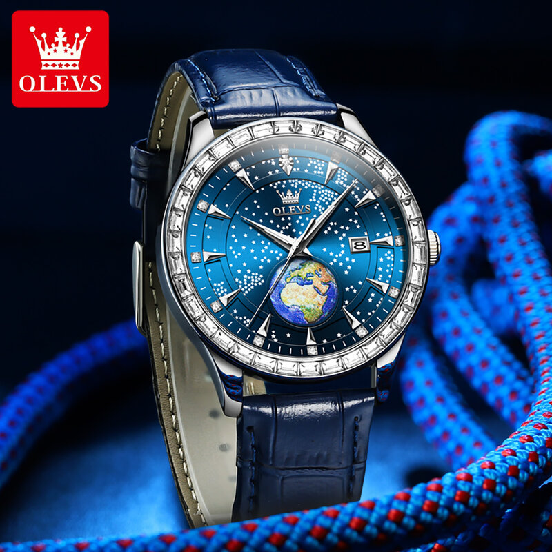 OLEVS 남성용 블루 별이 빛나는 하늘 다이아몬드 쿼츠 시계, 가죽 스트랩 손목 시계, 방수 패션 지구 디자인