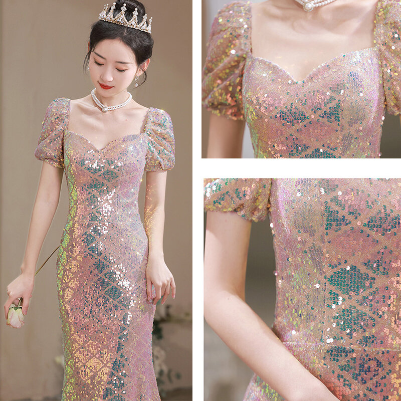Vestido feminino de lantejoulas sereia, elegante vestido de banquete, vestido longo para o baile, vestido cheongsams luxuoso, novo