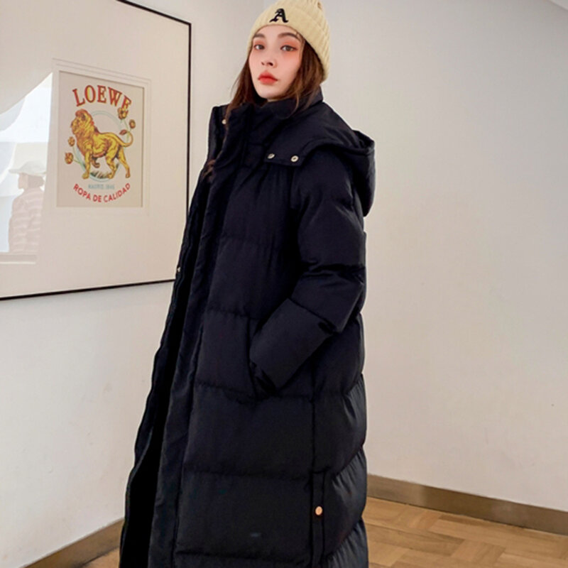 Mantel Hoodie panjang untuk wanita, mantel bertudung panjang X, mantel katun desain Korea baru 2022, mantel salju, mantel Hoodie hangat dipertebal