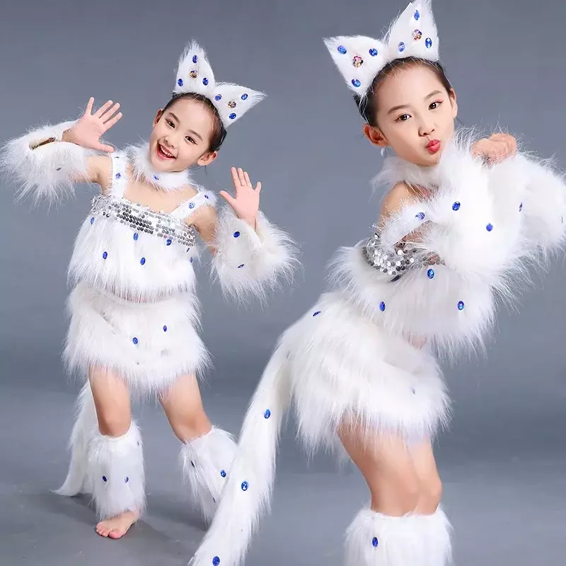 أزياء تنكرية مثيرة للقطط للفتيات ، فتاة الثعالب البيضاء ، رقص الحيوانات ، زي الهالوين للأطفال