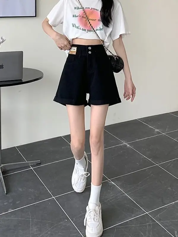 Celana pendek Denim wanita, celana pendek Denim gaya akademi Korea kasual kaki lebar musim panas pinggang tinggi kancing longgar baru