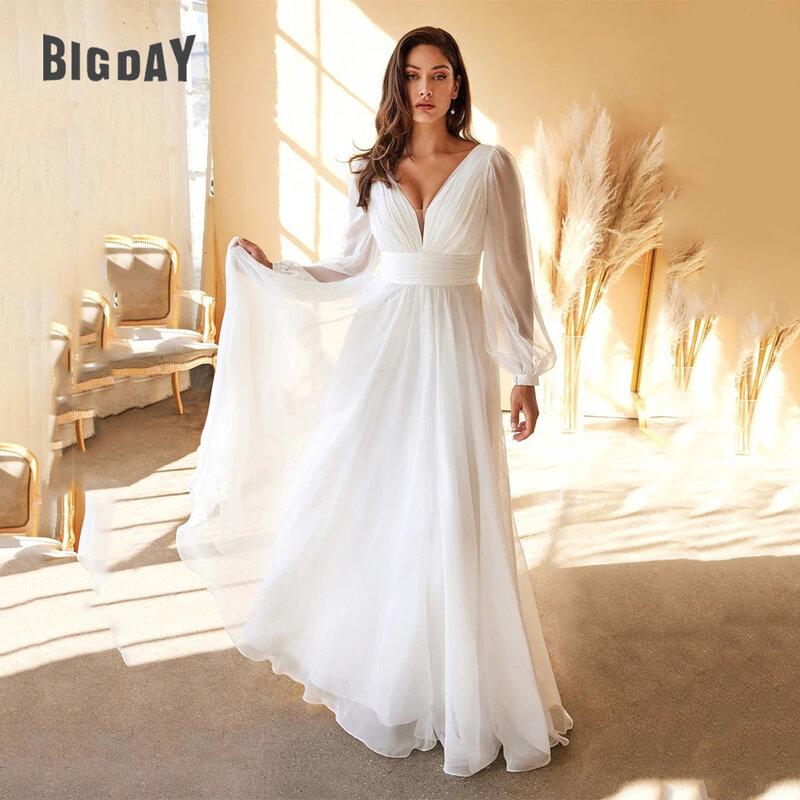 Elegant A-Line Wedding Dress Women V-Neck Long Puff Sleeve Open Back Pleat Bridal Gown Sweep Train Vestido De Noiva Floor-Length