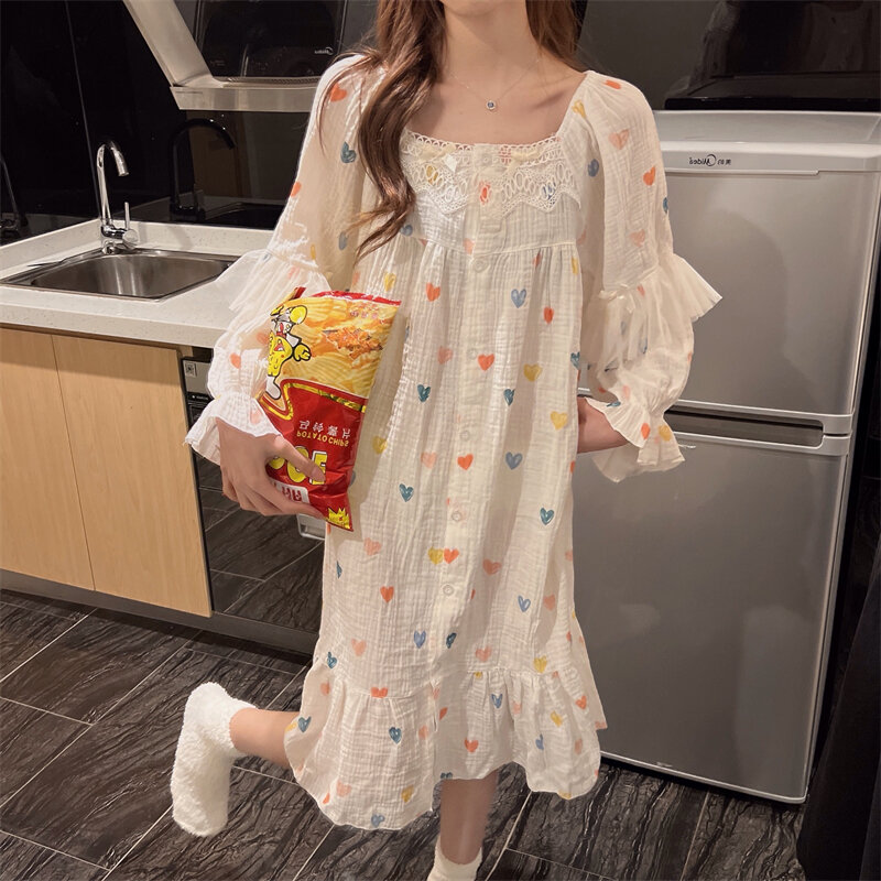 Colorful Heart Love Print Women Nightgown Long Sleeve Square Collar Single Breasted Loose Home Sleepdress Cotton Gauze S101