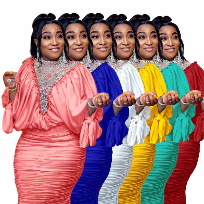 L-3XL Africa abbigliamento 2 pezzi Set africano elegante Plus Size vestiti africani per le donne 2023 abiti estivi Set gonna a rete con perline