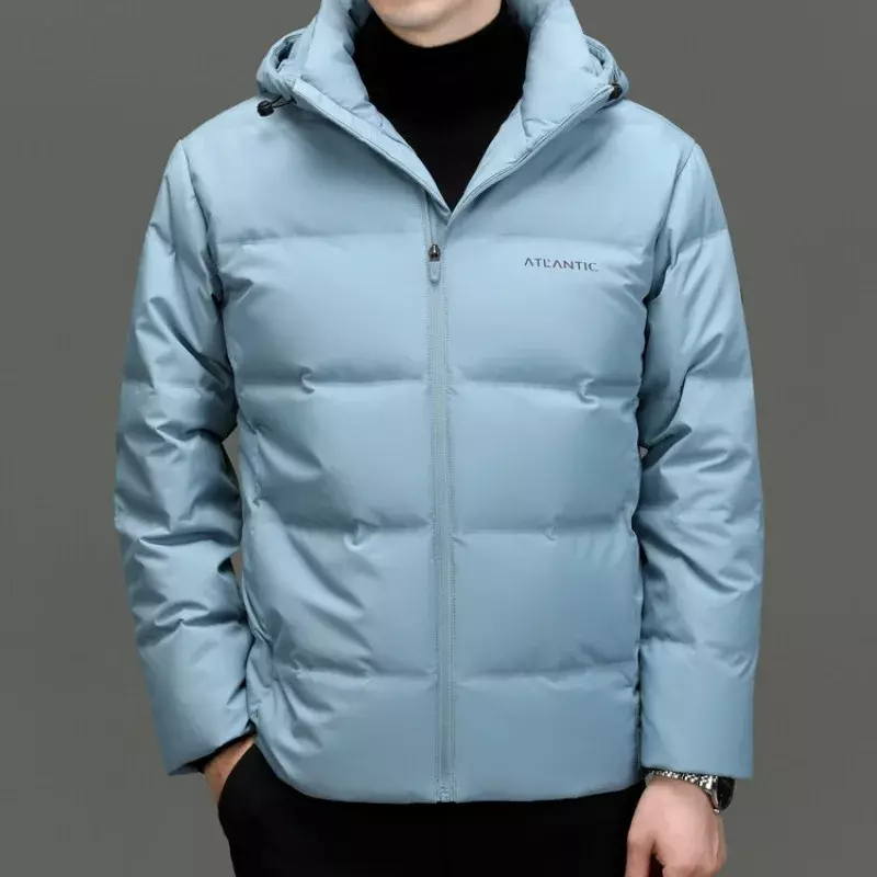 Мужская зимняя теплая Высококачественная удобная и простая куртка на утином пуху однотонная универсальная зимняя мужская одежда с капюшоном