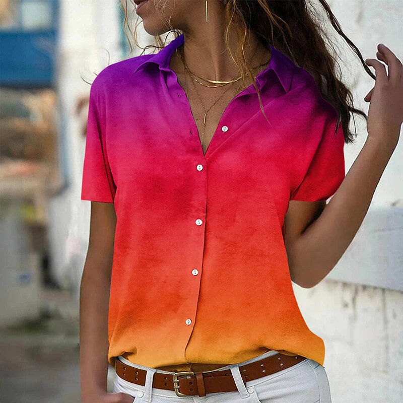 Рубашка женская с градиентным 3D принтом, Элегантная блузка с коротким рукавом, Топ в стиле Харадзюку, оверсайз, на пуговицах, лето