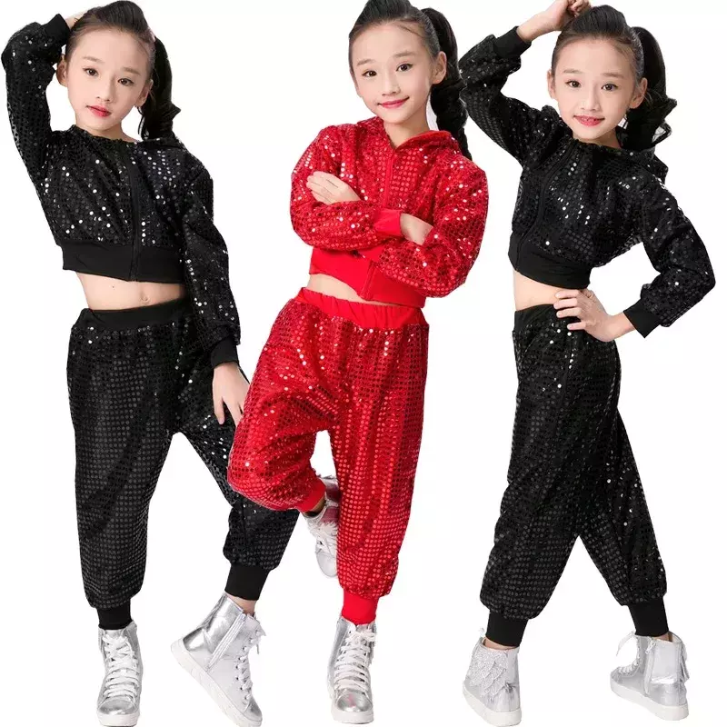 Disfraz de baile de Jazz con lentejuelas para niño y niña, traje moderno de animadora, Hip Hop, Top corto y pantalón, ropa de actuación