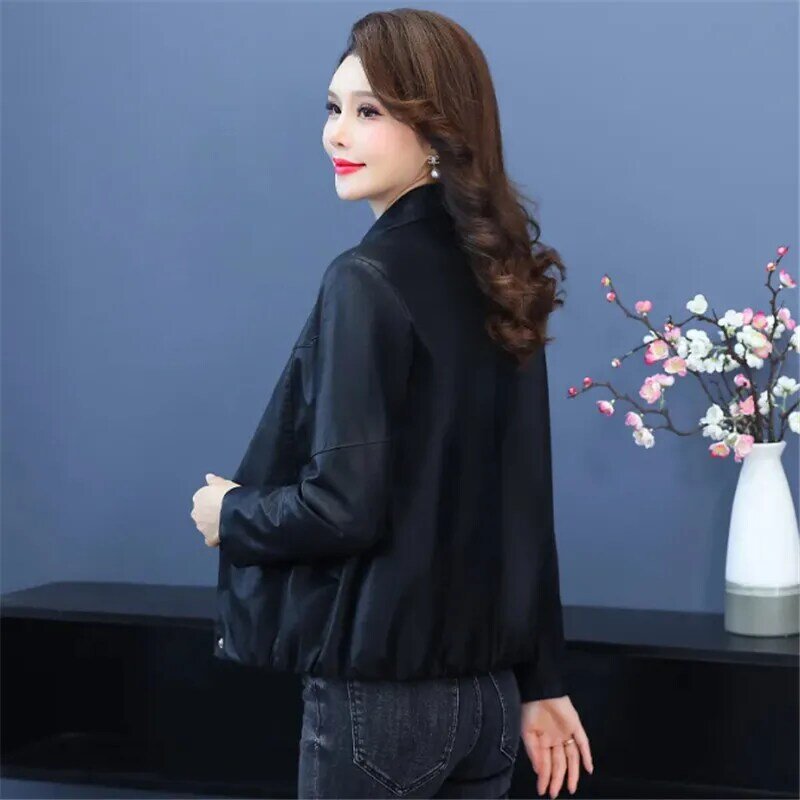 Spring Autumn Short Leather Jacket Women 2023 New Loose Lapels Coat Fashion Covered Button Outerwear Pure Colour Tops Female