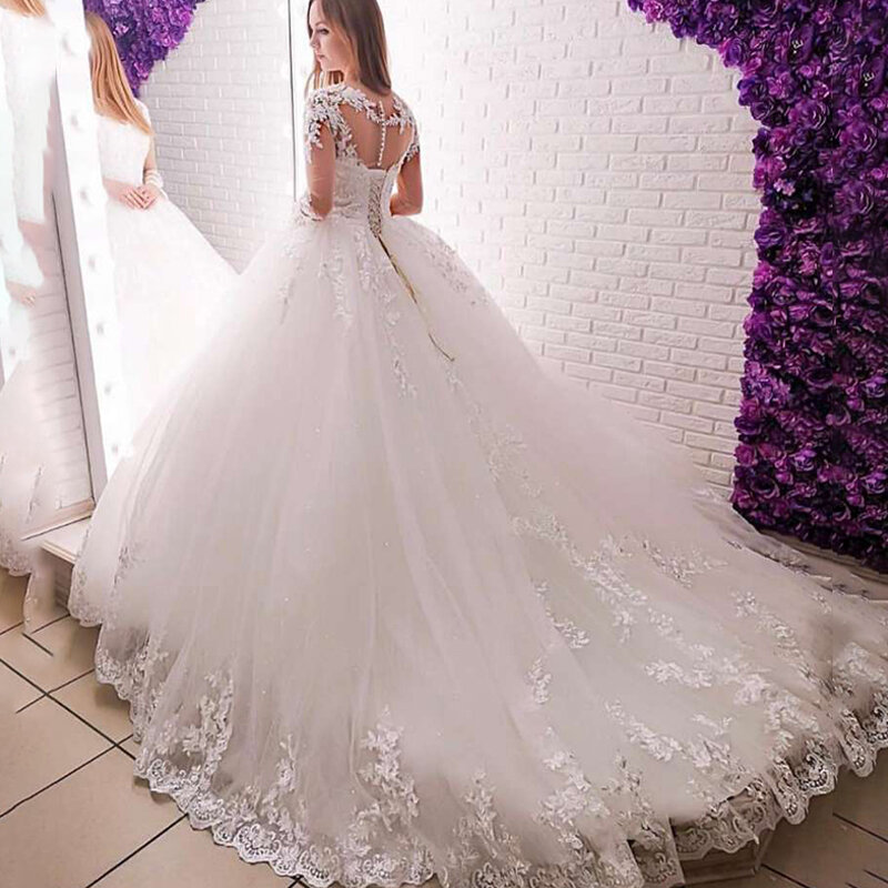 7251 # Puffy 100% prawdziwe zdjęcia Illusion O-Neck koronki z długim rękawem aplikacja cekinami księżniczka suknia ślubna Quinceanera suknie