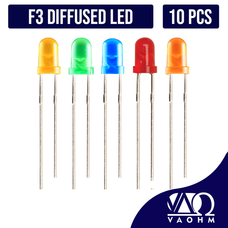 LED difuso super brilhante, F3, verde, laranja, vermelho, amarelo, cor azul, 3mm, 10pcs