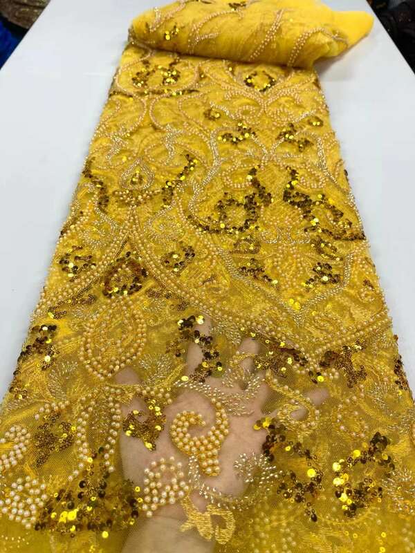 Luxuoso nigeriano contas feitas à mão tecido de renda 2023 alta qualidade lantejoulas frisado bordado africano francês tecido renda para vestido