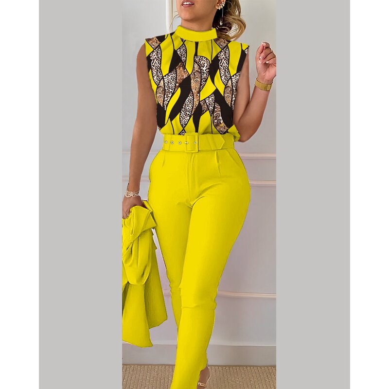 Women Workwear Round Neck Baroque Leopard Print Sleeveless Top & Pants Set With Belt Female Two Piece Suit Sets Elegant Outfits
