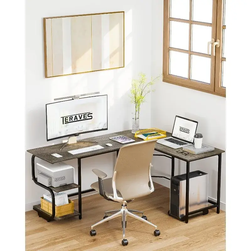 Teraves meja berbentuk L reversibel dengan permukaan besar, meja sudut kuat 61 inci dengan rak penyimpanan, meja komputer kantor