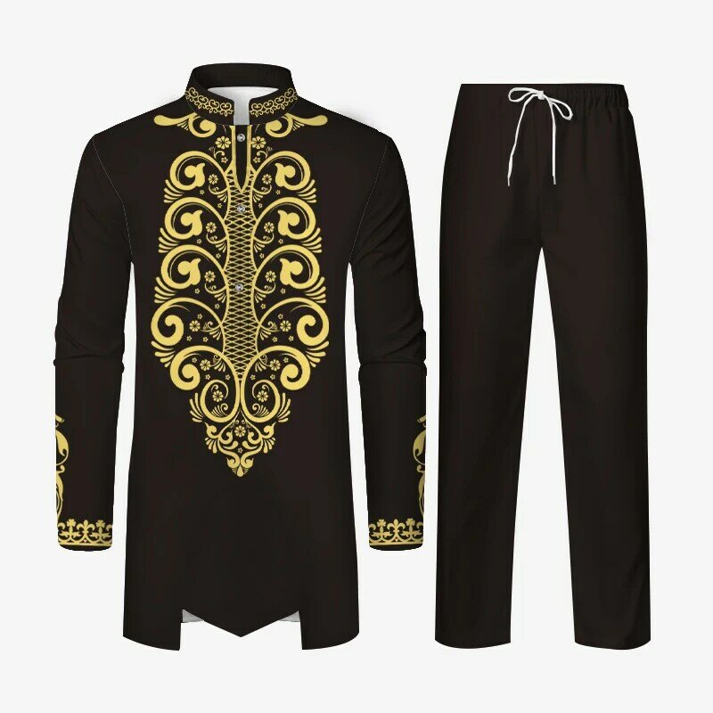 Muslim Robe Men's 2Pcs African Outfits Suits Men's African Traditional Luxury Pattern Long Sleeve Dashiki Shirt & Pant Set