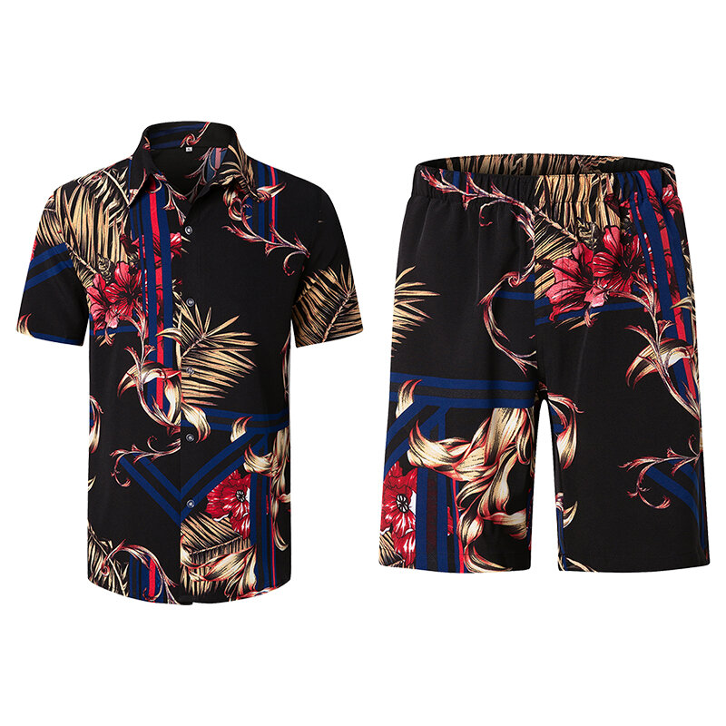 Wholesale Men's Hawaiian Shirts Casual Button Down Short Sleeve Shirt Set Printed Shorts Hawaii Tropical Beach Vacation Suits