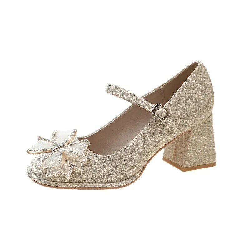 รองเท้างานแต่งงานรองเท้าส้นสูง French Marilyn สำหรับผู้หญิงในฤดูใบไม้ผลิ/ฤดูร้อน/ฤดูใบไม้ร่วง2024ผ้าไหมใหม่, เพชรน้ำ, สายดอกไม้, รองเท้าส้นสูง