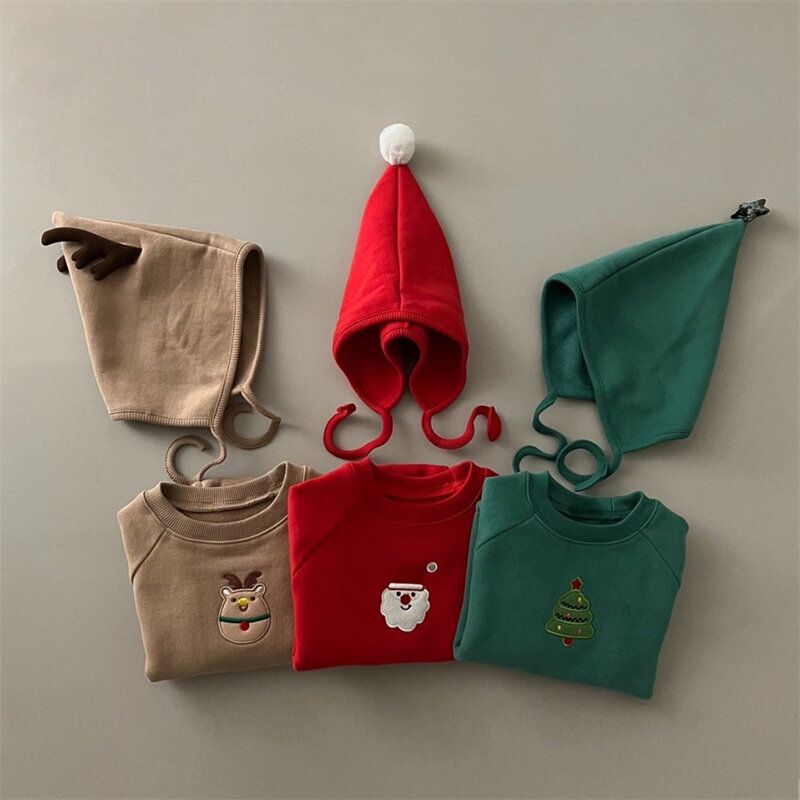 Детские хлопковые комбинезоны для младенцев, Рождественский свитшот с шапкой для мальчиков и девочек с Санта-Клаусом, рождественская елка, осенне-зимняя одежда, свитер