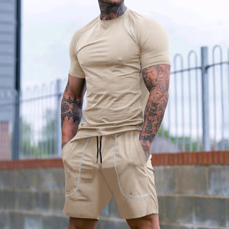 Fato esportivo listrado masculino, camiseta e shorts de manga curta, gola redonda emendada, roupas de treinamento fitness, verão, novo, 2 peças
