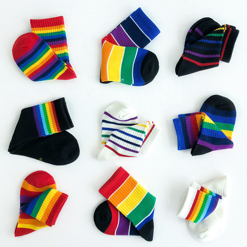 Calcetines largos de algodón transpirables con rayas coloridas para niños y niñas, medias de tubo de arcoíris a la moda, primavera y verano, 1 a 8 años