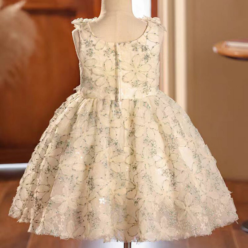 Jill życzy eleganckiej beżowej sukience dla dziecka księżniczki urodziny przyjęcie weselne dla dzieci świąteczna suknia codzienna 2024 J040